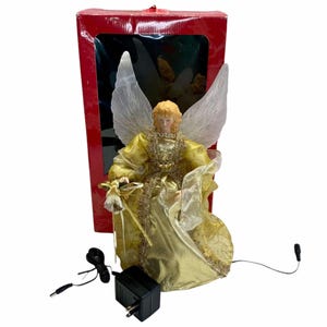 Vintage Fiber Optic Gold Angel Christmas Tree Topper Lighted Figure Holiday Decor for Table or Tree Display