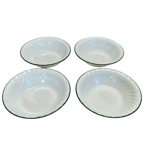Set Of 4 Corelle White Swirl Rimmed Soup Bowls With Green Trim 6.25&quot; Diameter NEW