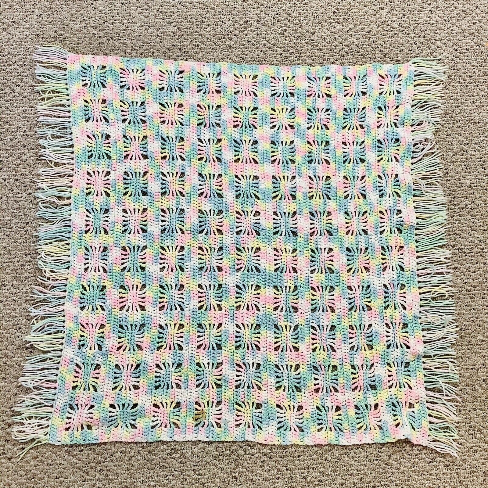 VTG Crochet Baby Blanket w/ Fringe Pastels Nursery Bedding Etsy