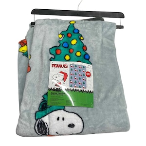 Peanuts Snoopy and Woodstock Christmas Tree Plush Throw Blanket 50x70 Gray Soft Cozy Holiday Decor Gift for Fans