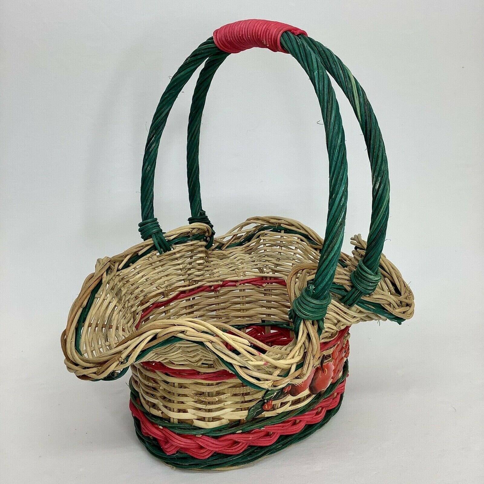 Vintage Wicker Rattan Wavy Red Apple Basket With Handle 15x14 Etsy