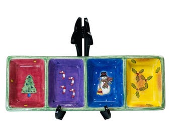 Weihnachtsrelish-Tablett, Schneemann-Urlaubs-Servierplatte, unterteilte Keramik-Aperitifplatte, 4-teiliges Candy-Dish, Winterparty-Servierplatte