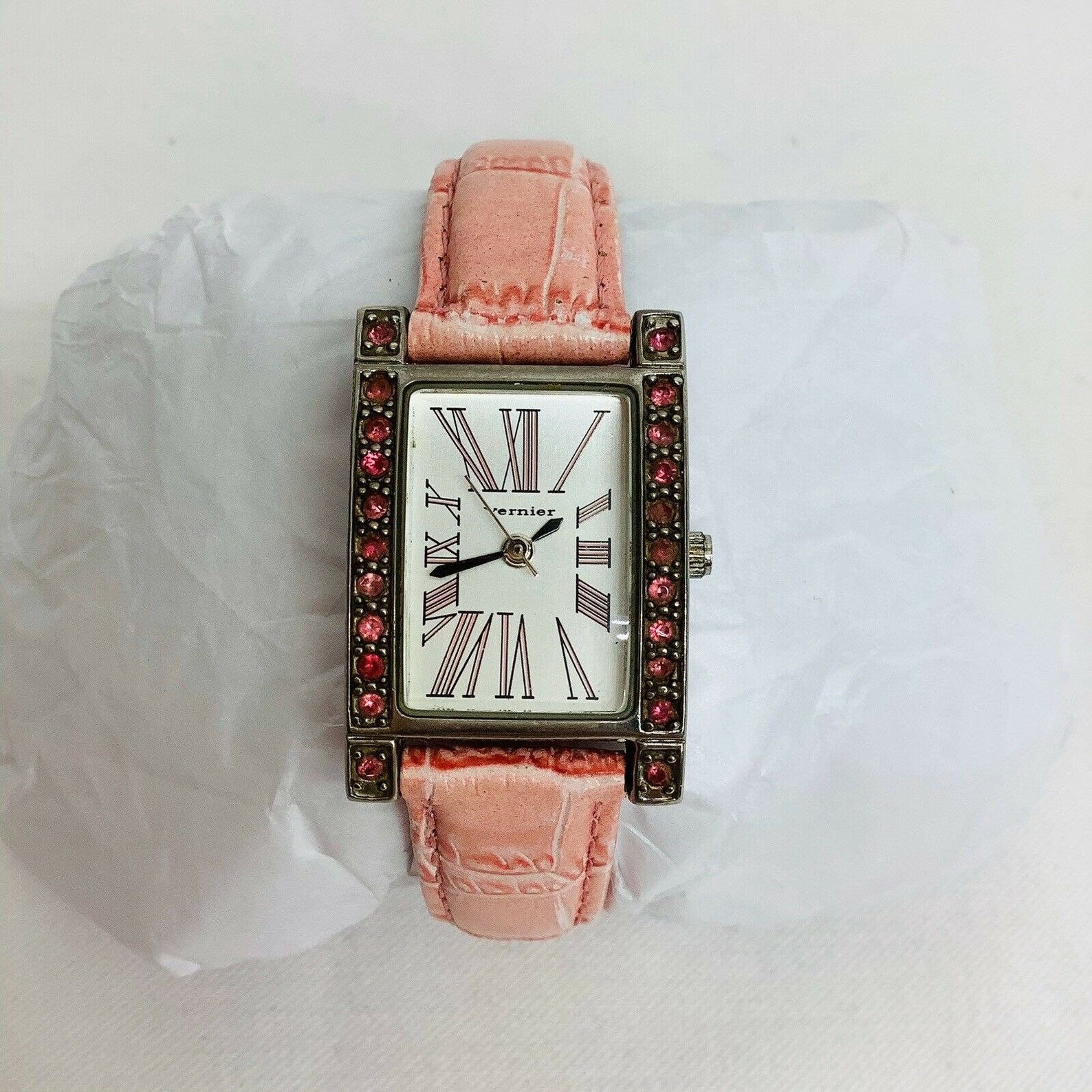 Vintage Vernier Watch Pink Leather Band & Crystals Rectagular Etsy