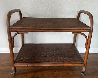Vintage Rattan & Wicker Bar Cart With Wheels - Two-Tier Mid-Century Design