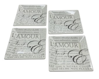 222 Fifth LAmour Fine China Square Plates Set Of 4 Script Design Elegant French Text Paris Theme