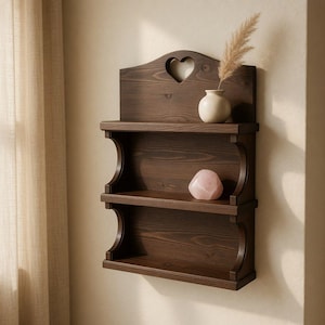 May include: A dark brown wooden wall shelf with two shelves and a heart-shaped cutout. A small vase with dried flowers and a pink crystal are displayed on the shelves. The shelf is mounted on a light-colored wall.