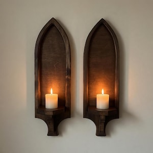 Holz Wandkerze Wandlampen 2er-Set | Gothic Bogen Dark Academia | Witchy Wohngeschenk Bild 8