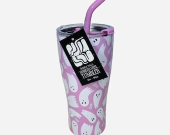 Wellness Pink 30oz Double Wall Stainless Steel Tumbler with Straw Halloween Boo Ghosts Design Cute and Spooky Fall Drinkware