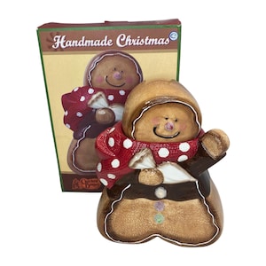 Cracker Barrel Gingerbread Man Cerâmica Cookie Jar Polka Cachecol Natal Feriado