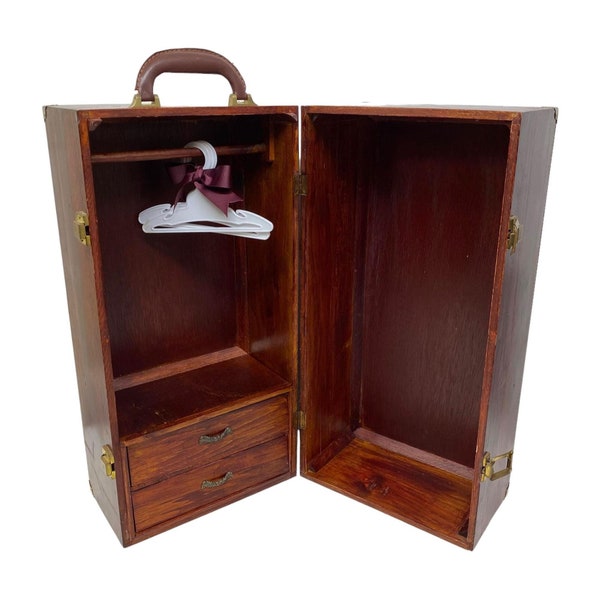 Wooden Wardrobe Trunk Chest Doll Carry Case Travel w/ Hangers & Handle Fits 18"