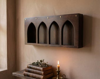 Gothic Arch Wall Shelf | Dark Walnut Wood Niche Shelf | Witchy Altar Display Shelf | Crystal Curio Cabinet | Cathedral Wall Decor