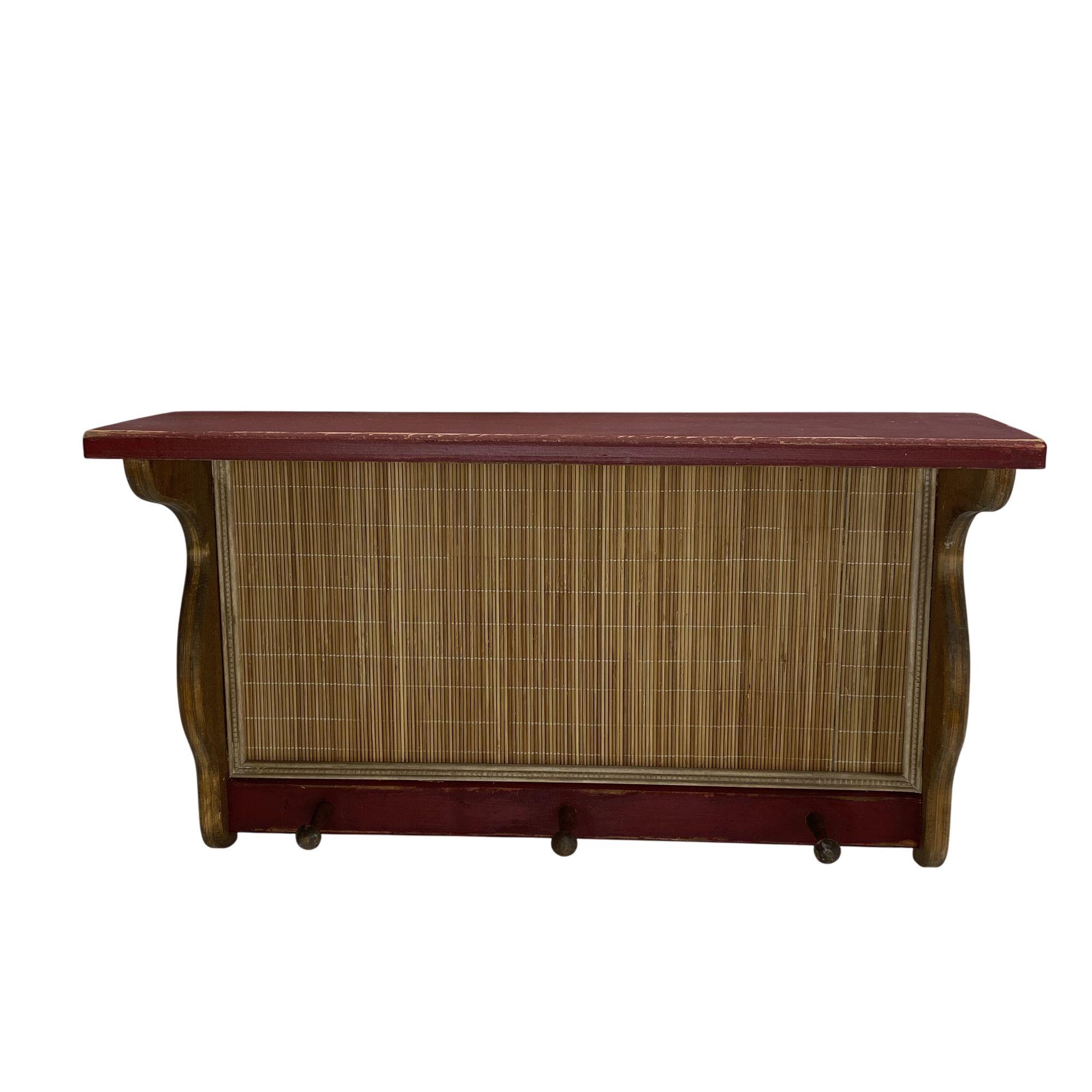 ヴィンテージ　木製ウォールシェルフ　ペイント ヴィンテージ木製ウォールシェルフ、装飾竹パネル、吊り下げフック