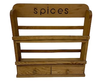 Wooden Wall Hanging 2-Tiered Spice Rack with Drawers SPICES Kitchen Farmhouse