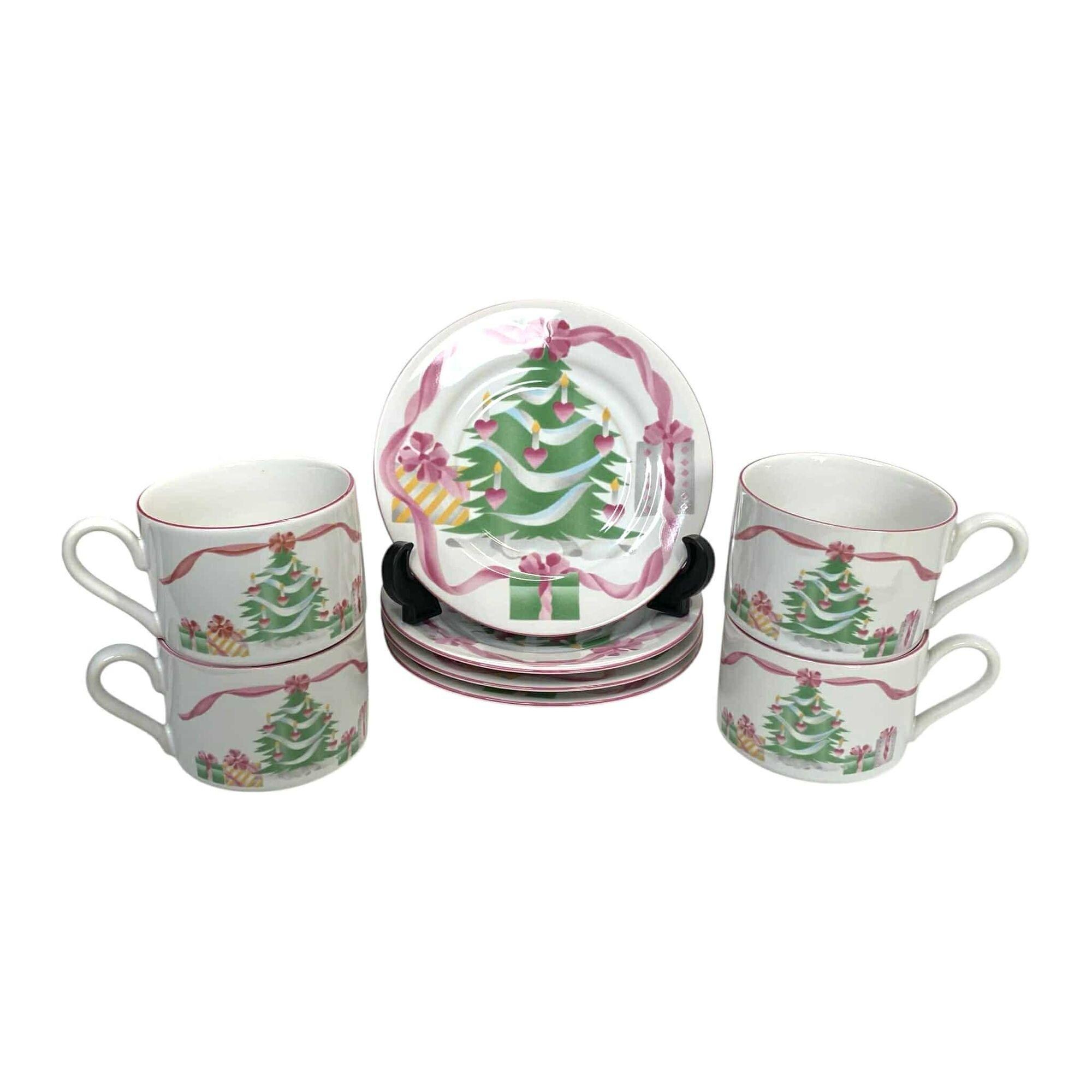 Sango Home For Christmas Tree Pink Ribbon Coffee Tea Cup & Saucer Set Vintage