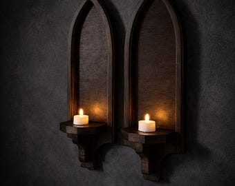 Väggljusstakar i trä, set om 2 | Gothic Arch Dark Academia | Häxig hempresent