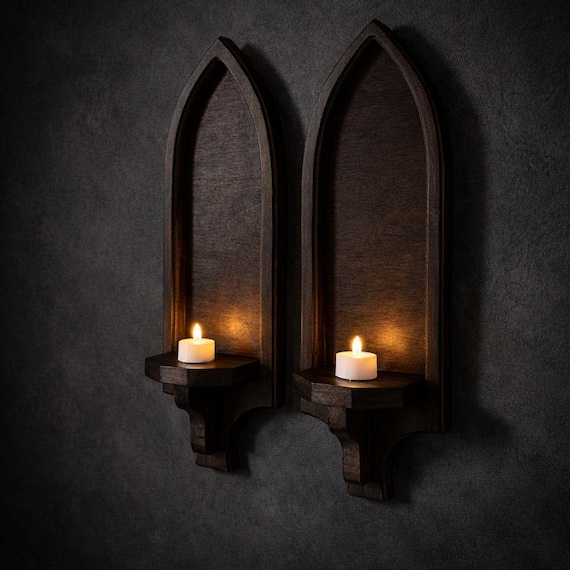 Wood Wall Candle Sconces Set of 2 | Gothic Arch Dark Academia | Witchy Home Gift