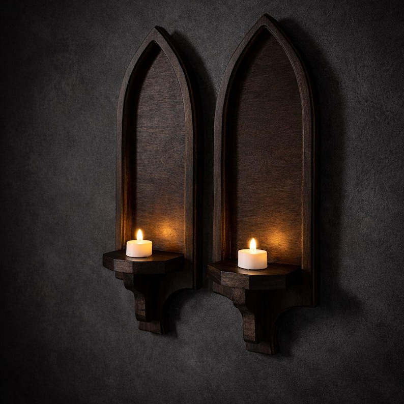 Gothic arch wood wall candle sconces set of 2 in dark espresso walnut with lit candles