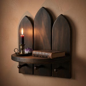 Gothic Arch Wall Shelf - Triple Lancet Altar Display, Dark Walnut Floating Shelf, Dark Academia Witch Decor