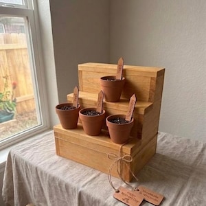 May include: A wooden tiered planter with four small terracotta pots, each labeled with herb names: Basil, Chives, Mint, and Rosemary. A wooden tag reads "Happy Mother's Day" and "Handmade in Wisconsin". The planter sits on a table near a window.