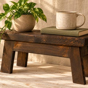 May include: A low, rectangular wooden bench with a dark brown stained finish and four sturdy legs. On top of the bench sits a potted green pothos plant in a speckled beige ceramic pot, a closed olive green book, and a speckled beige ceramic mug.