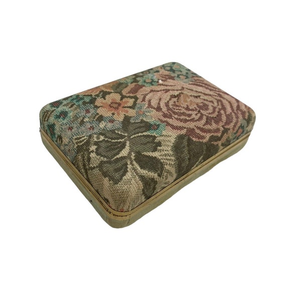 Clamshell Hard Jewelry Box Tapestry Floral Fabric… - image 1