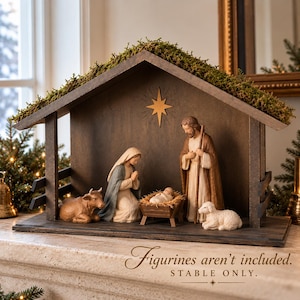 Nativity Stable 18" Wooden Manger with Real Moss Roof | Handcrafted Christmas Creche | Heirloom Holy Family Display