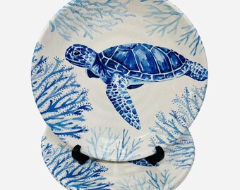 Sealife Plates Wind & Water Coastal Sea Turtles Melamine Dinner Salad Set Of 4