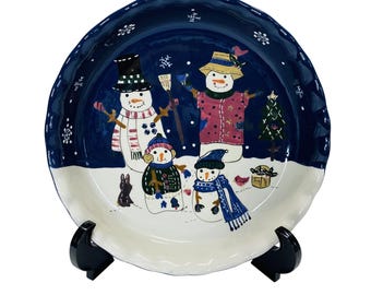 Molde para tarta navideño de cerámica con diseño de muñeco de nieve, 25 cm (10 pulgadas), diseño cuadrado de San Nicolás, ideal para hornear en invierno. Decoración navideña para la cocina. Borde festoneado. Apto para horno. Plato azul para tarta.