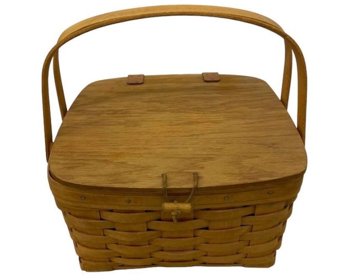 Longaberger Wooden Picnic Basket Hinged Lid Swing Handles Signed