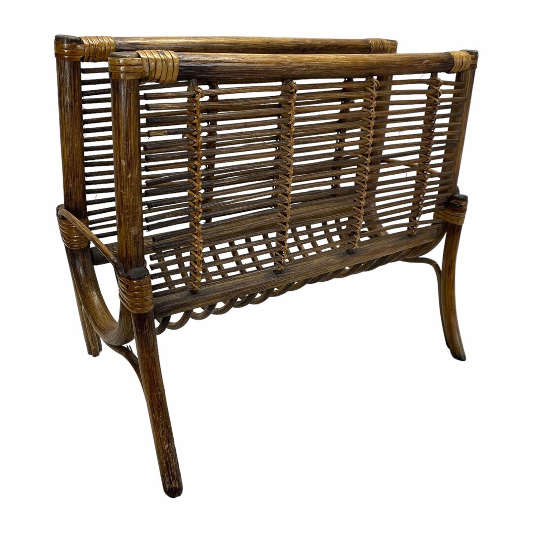 Rattan Bamboo Magazine Rack Holder Stand Newspaper Storage Boho MCM ...