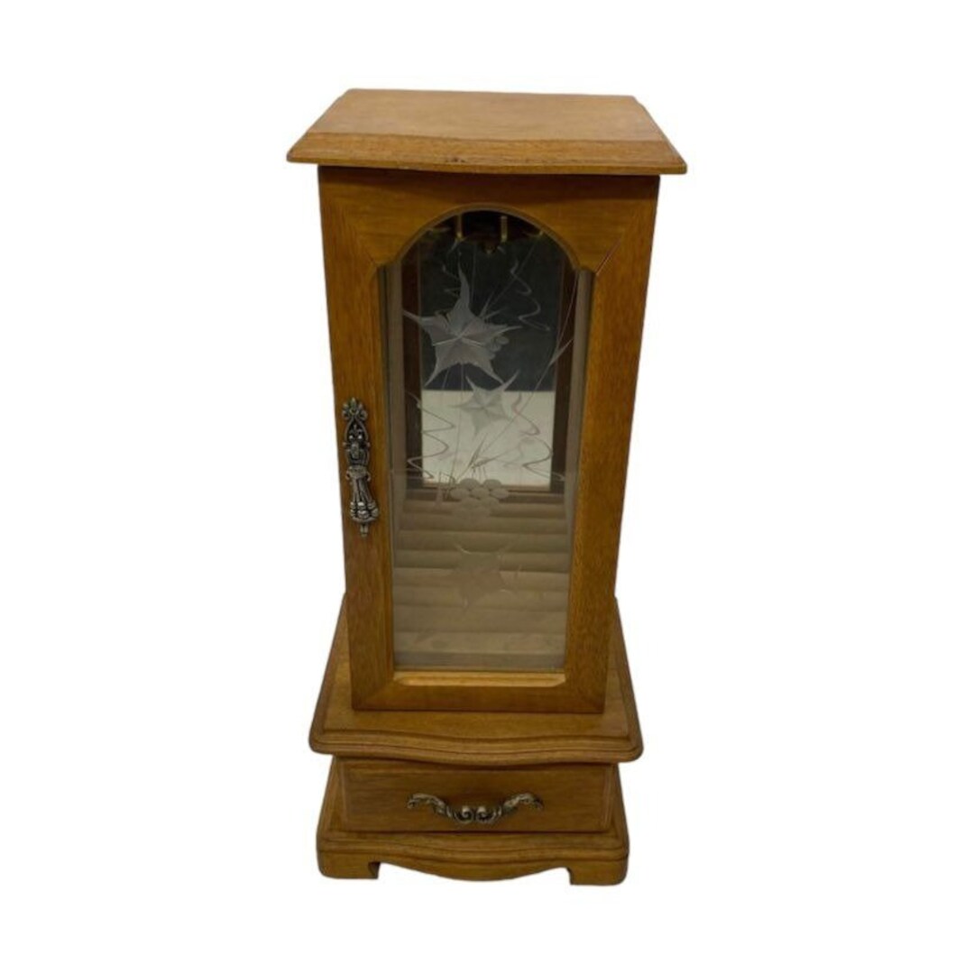 Mele Wooden Tall Jewelry Box Etched Glass Door Drawer Necklace Etsy