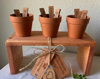 Mother’s Day Herb Garden Gift Set - Handmade Pine Plant Stand with Cherry Finish - Indoor Windowsill Planter with Pots & Engraved Markers