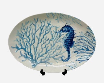 WIND & WATER Coastal Blue Seahorse Melamine XL Oval Serving Tray Platter