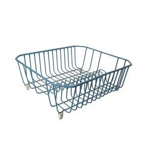 May include: A light blue wire dish rack with a square shape. The rack has a grid pattern on the bottom and vertical bars on the sides. It has four small white feet.