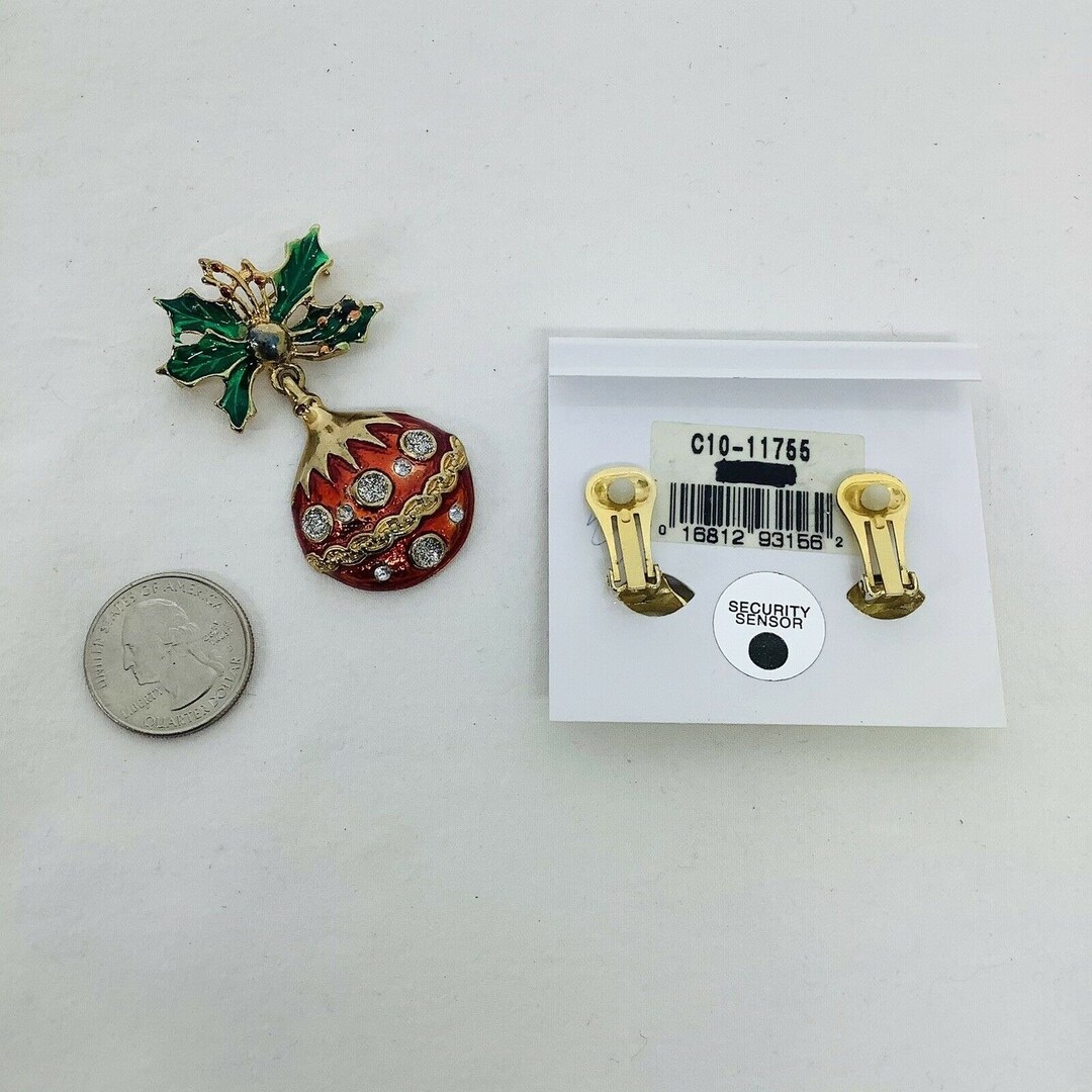 Vintage Christmas Ornament Brooch Pin and Clip on Earrings Rhinestones