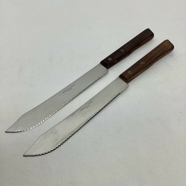 Kitchen Serrated Blade Bread Slicing Knife Stainless Steel Japan Wood Handle Lot 7" Vintage