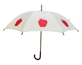 Large Apple Themed Classic Umbrella Sun Rain Travel Walking Hook Handle Vintage