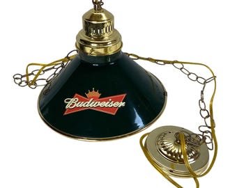 Vintage Budweiser Green Barn Pendant Light with Chain and Crown Top Perfect Retro Fixture for Bar Man Cave or Game Room Decor