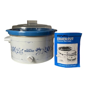 Vintage Rival Crock-Pot Stengods Långkokare Blå Blommig 4-Quart Med Manual
