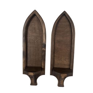 Set of two dark walnut gothic arch wall sconces with pointed cathedral profile