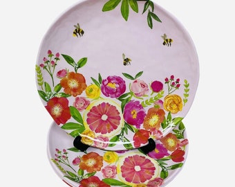 Platos llanos de melamina para cupcakes y cachemira, 11 ", flores primaverales, abejas y frutas