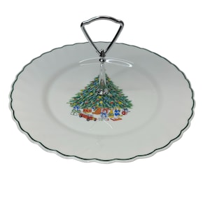 Salem Noël Christmas Tree Handled Server Plate Green Trim 10 Inches Vintage Holiday Décor