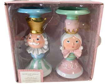 Cupcakes and Cashmere Nutcracker Couple Candle Holders Set of 2 – Christmas Pastel Décor with Whimsy and Charm for Holiday Styling