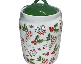Potter&#39;s Studio Holly Berry Candy Cane Cookie Jar Hard to Find Christmas Canister Festive Holiday Decor for Kitchen or Collectors