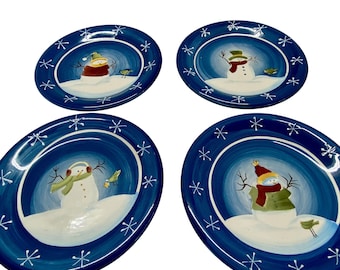 Certified International Snowman Blue Snowflake Soup Cereal Bowls Set of 4 Winter Christmas Dinnerware