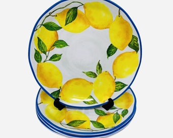 Bungalow Melamine 11 in Dinner Plates Set Yellow Lemon Limes Tree Leaves