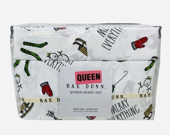 Rae Dunn Christmas Queen Bedsheet Set Sled Snowman Reindeer Santa Claus Festive Holiday Soft Cozy Winter Bedding Home Decor