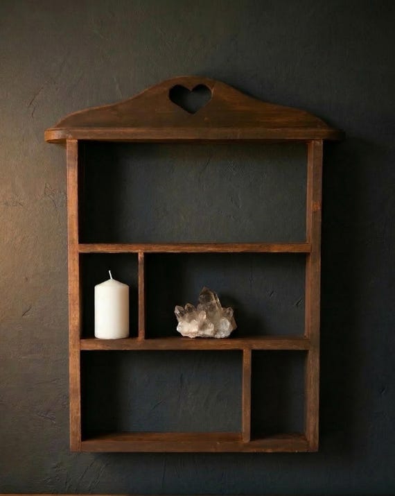 Trinket Shelf with Heart Cutout Dark Walnut Wood Wall Shelf for Altar Crystals Candles