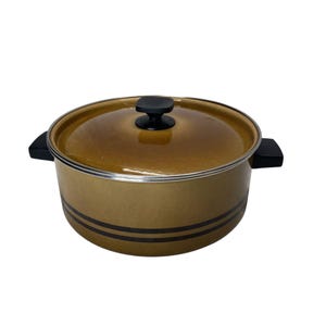 Pode incluir: Uma panela marrom com tampa a condizer e pega preta. A panela tem uma borda prateada e duas riscas pretas à volta da base. A tampa tem um botão preto.