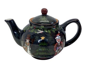 Vintage Lang Christmas Tree Ceramic Teapot with Santa Snowman Design